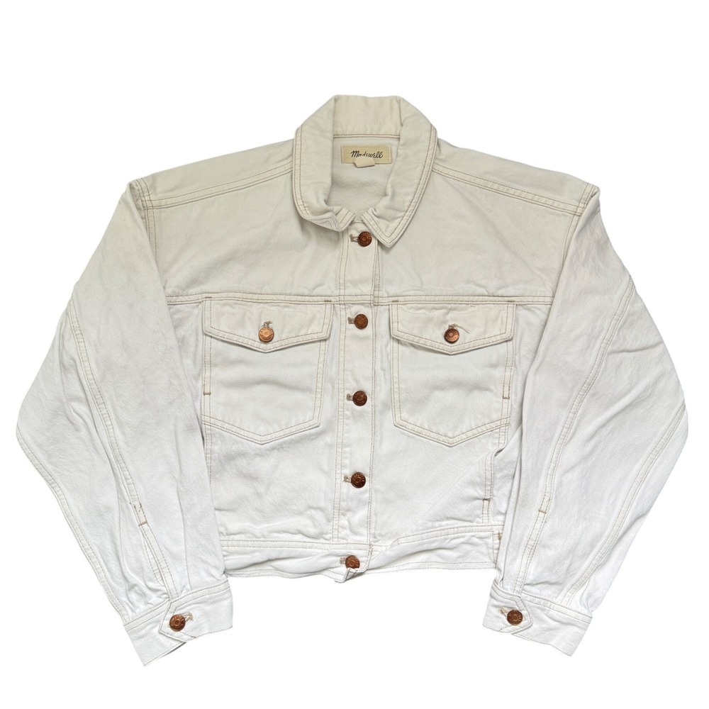 Madewell Womens Small Cream Off-White Denim Trucker Jacket Boxy Fit Jean Jacket